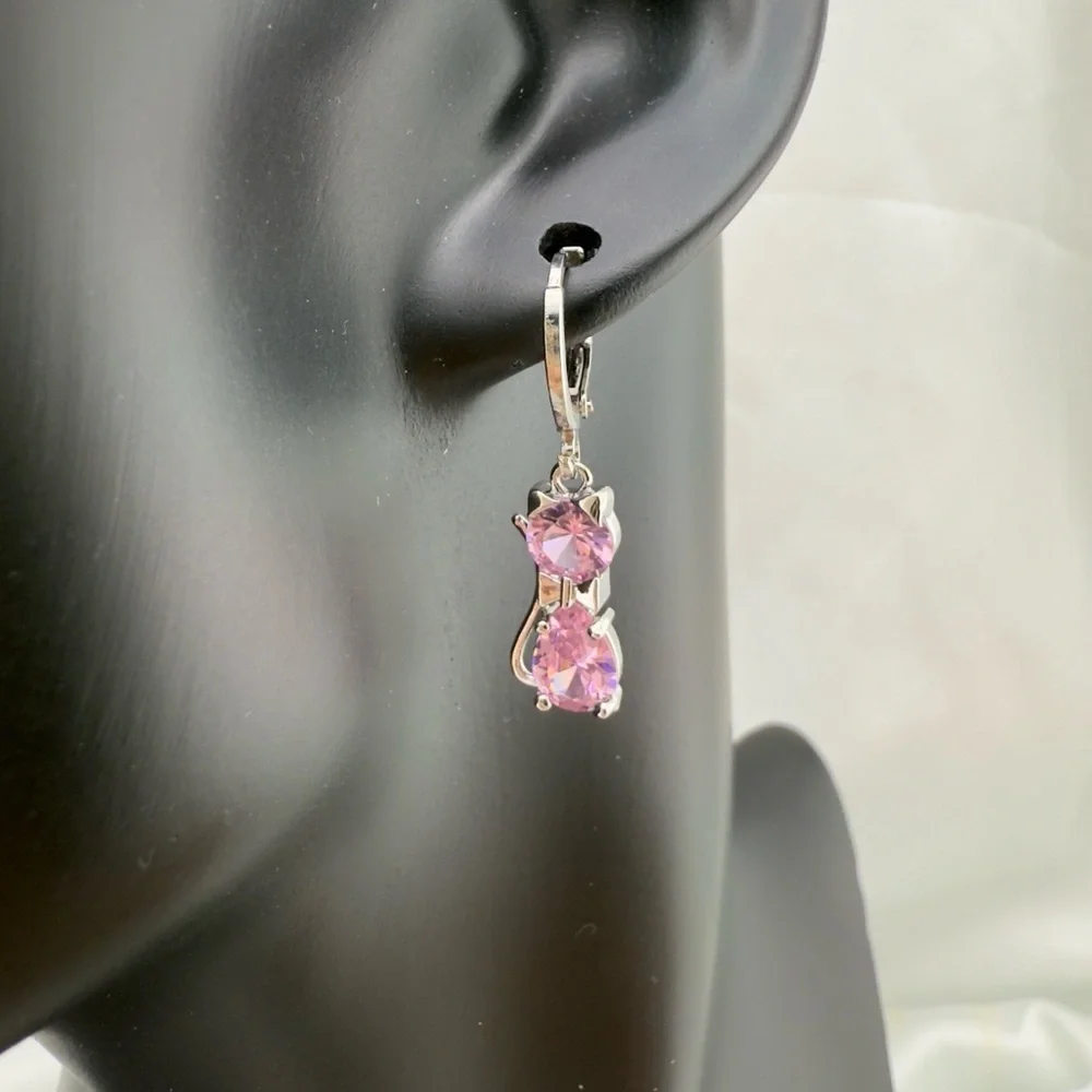 New Silver 925 Pink Cat Earrings